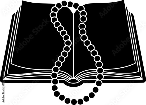 Minimalist illustration of an open holy book, spiritual Islamic scripture and Quran outline vector design.