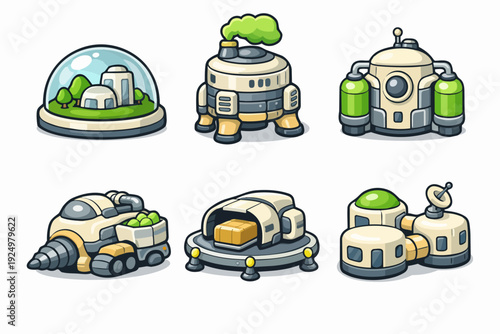 Futuristic space colony buildings and vehicles for extraterrestrial base construction
