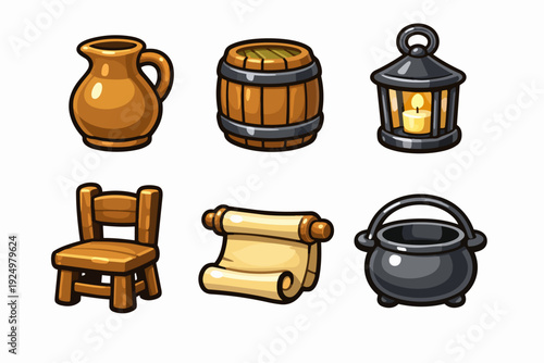 Cartoon medieval fantasy rpg game assets set including pitcher, barrel, lantern, scroll