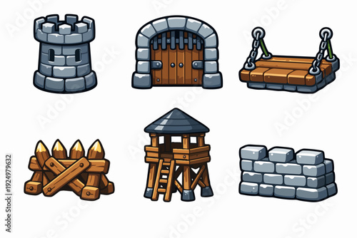 Medieval castle assets set featuring tower, gate, drawbridge, palisade, watchtower, and wall