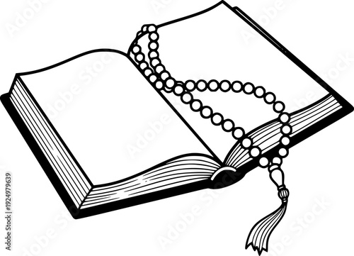 Minimalist illustration of an open holy book, spiritual Islamic scripture and Quran outline vector design.