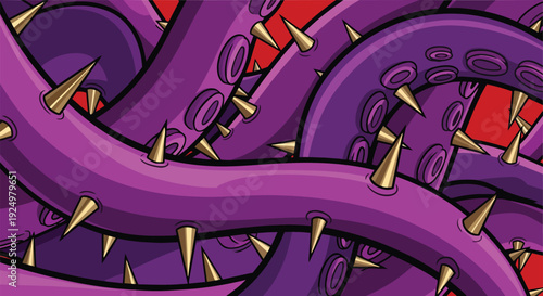 Vibrant purple tentacles with sharp spikes entwined together in a complex illustration against a red background from a close-up viewpoint