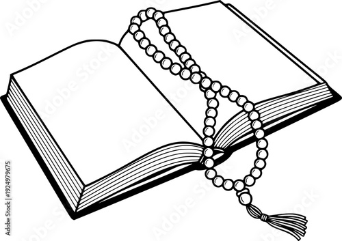 Minimalist illustration of an open holy book, spiritual Islamic scripture and Quran outline vector design.