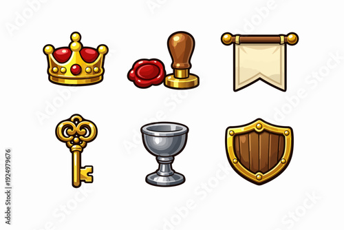 Medieval fantasy game icons with crown, shield, key, chalice, banner, and wax seal
