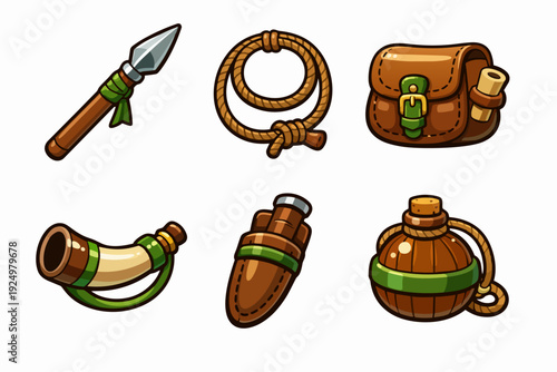 Fantasy adventure gear icons representing rpg game elements and journey items
