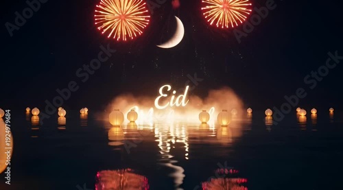 Glowing lanterns floating on serene water under crescent moon