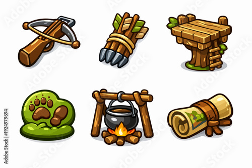 Game icons set for hunting and adventure featuring crossbow, arrows, map, campfire