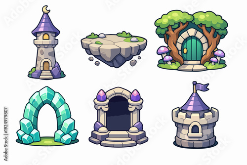 Fantasy game assets creating magical world, cartoon castle, portal, and floating island