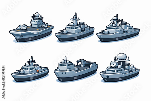 Various gray military warship and vessel types in a naval fleet collection