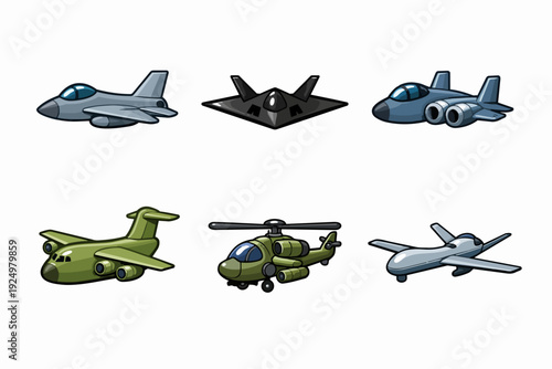 Military aviation transport, stealth bomber, fighter jet and drone aircraft set