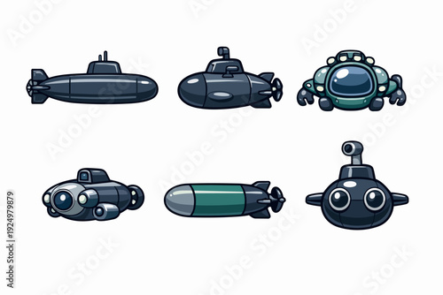 Cartoon submarines and submersibles set exploring ocean depths for game design