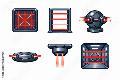 Laser security system icons creating invisible barriers and futuristic traps