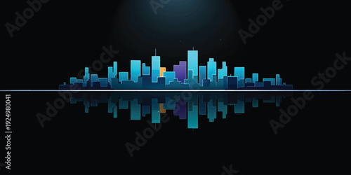 Abstract urban cityscape silhouette featuring a dark blue equalizer background with skyscraper architecture and night sky reflections for a modern business design