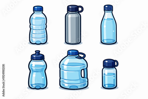 Water bottles set demonstrating hydration and various container types