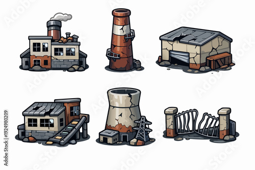 Abandoned industrial buildings and decaying factory ruins in a post-apocalyptic landscape