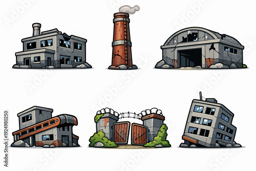 Abandoned industrial buildings set representing urban decay and post-apocalyptic themes