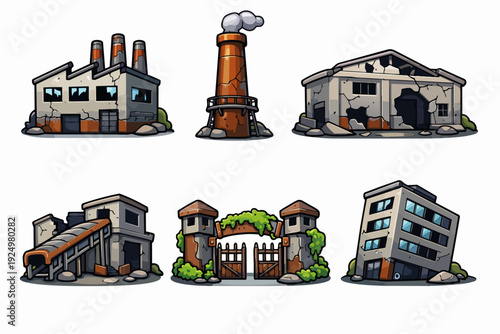 Set of isometric game assets depicting derelict factories and broken buildings