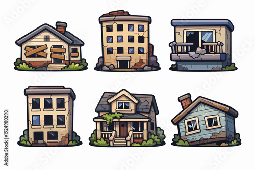 Abandoned cartoon buildings illustrating urban decay, demolition, and a neglected future