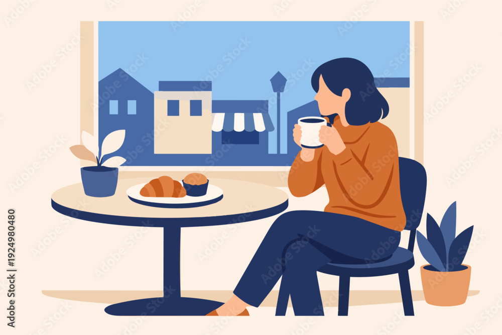Fototapeta premium Woman enjoying coffee and pastry at cafe window, urban views, morning relaxation