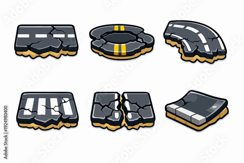 Damaged asphalt road sections cartoon vector set with broken cracks and missing pieces