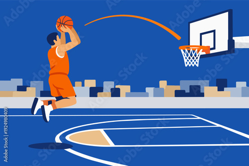 Basketball player making a jump shot on outdoor court, scoring a point