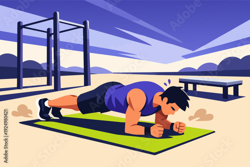 Man doing plank exercise on a mat for core strength training outdoors