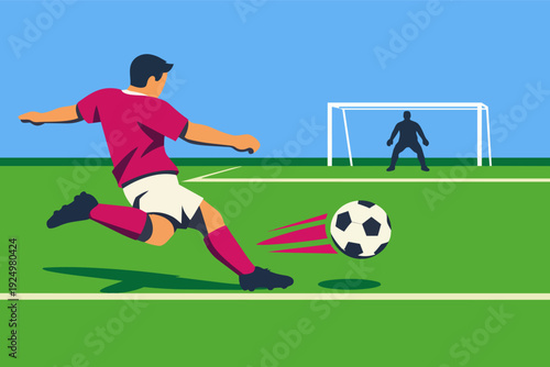 Football player taking a powerful shot on goal during an exciting game