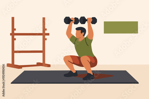 Male athlete performing overhead squat with dumbbells for strength and fitness training