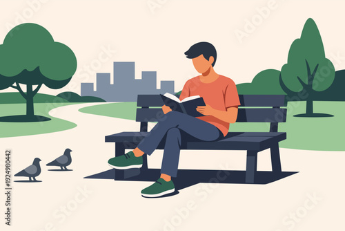 Man reading book on park bench, relaxing in nature with city skyline