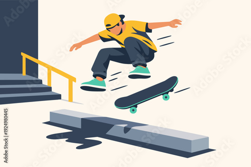 Skater doing a kickflip trick, jumping over an obstacle on a city street