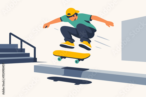 Skateboarder performing ollie jump over obstacle in urban street scene