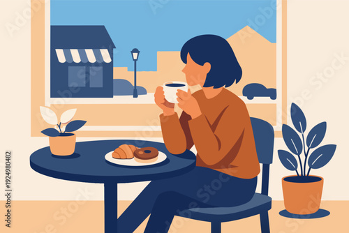 Woman enjoying coffee and breakfast in cafe, relaxing alone by window
