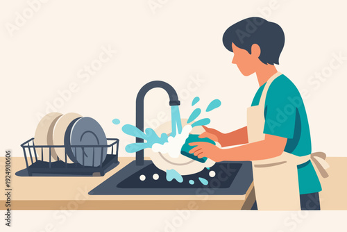 Person washing dishes at a kitchen sink, performing a daily household chore