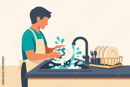 Man washing dishes in kitchen sink, performing domestic chores and cleaning