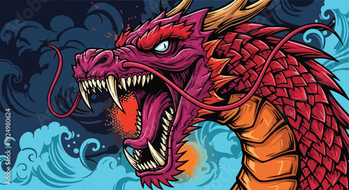 A menacing red dragon emerges from swirling blue waves, showcasing sharp teeth and vibrant scales in a dynamic illustration.