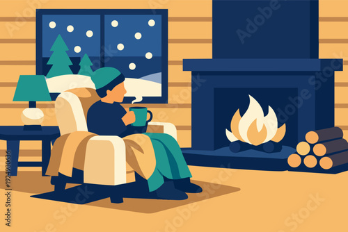 Person relaxing by fireplace with warm drink, watching snow fall outside window