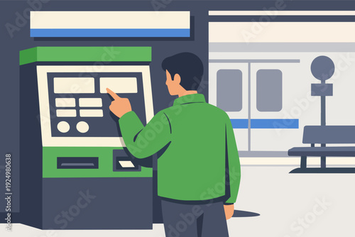 Man accessing atm in an urban setting, performing a financial transaction