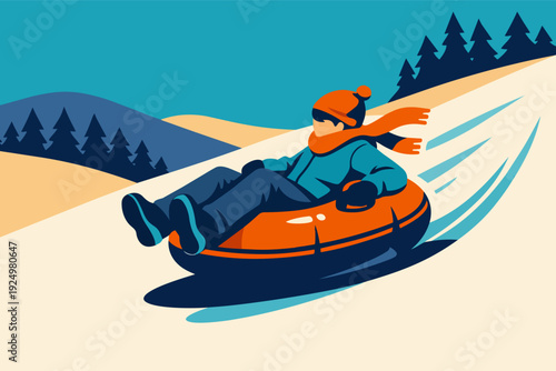 Person snow tubing down a winter slope, enjoying speed and a fun activity