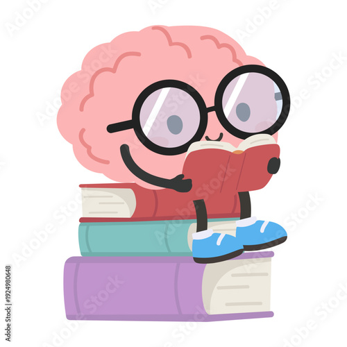 Cartoon Brain Character Reading Books