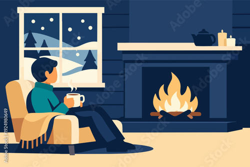 Man enjoying cozy winter evening at home, drinking warm beverage by fireplace
