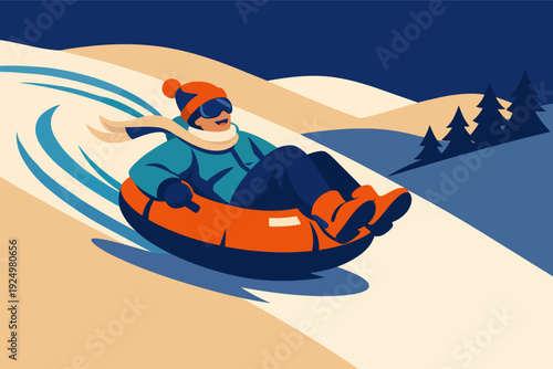 Person enjoying winter snow tubing activity on a mountain hill
