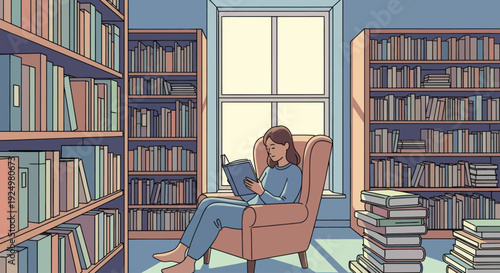 Woman enjoys a peaceful moment reading a book in a cozy library setting.
