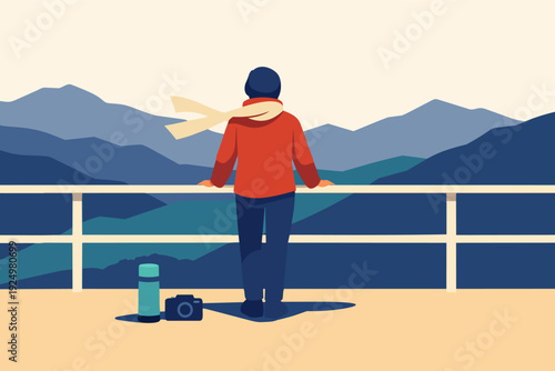 Traveler enjoying mountain landscape view, exploring nature with camera and thermos