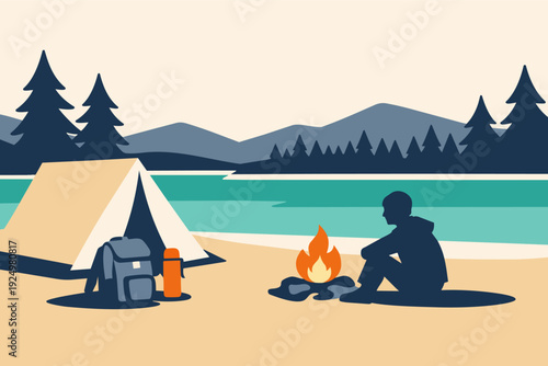 Person camping by a lake, sitting near a fire with a tent and backpack