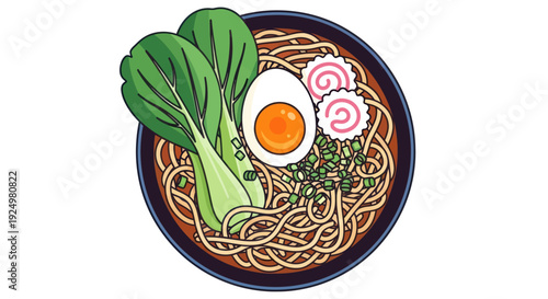 Delicious Japanese Ramen Noodle Soup with Egg and Bok Choy
