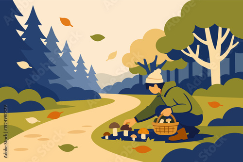 Person picking mushrooms in autumn forest with falling leaves and winding path