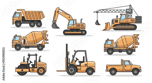 Set of cartoon construction vehicles and heavy machinery