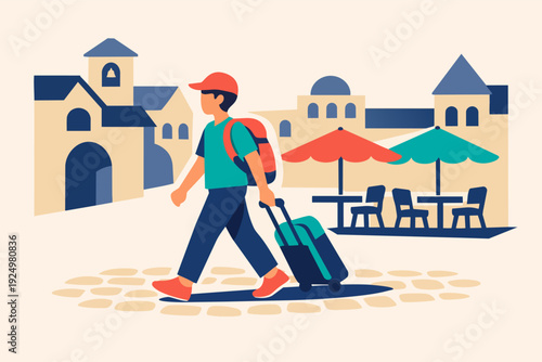 Young man walking with luggage on cobblestone street in european city