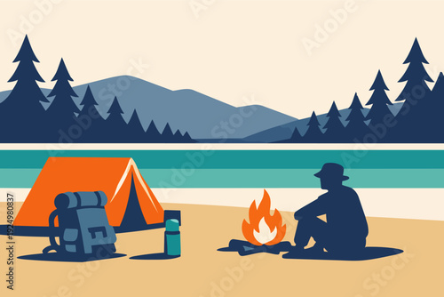 Person camping outdoor, sitting by campfire near tent, lake, and mountains