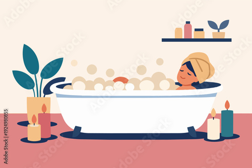 Woman relaxing in a bathtub filled with bubbles, surrounded by candles and plants